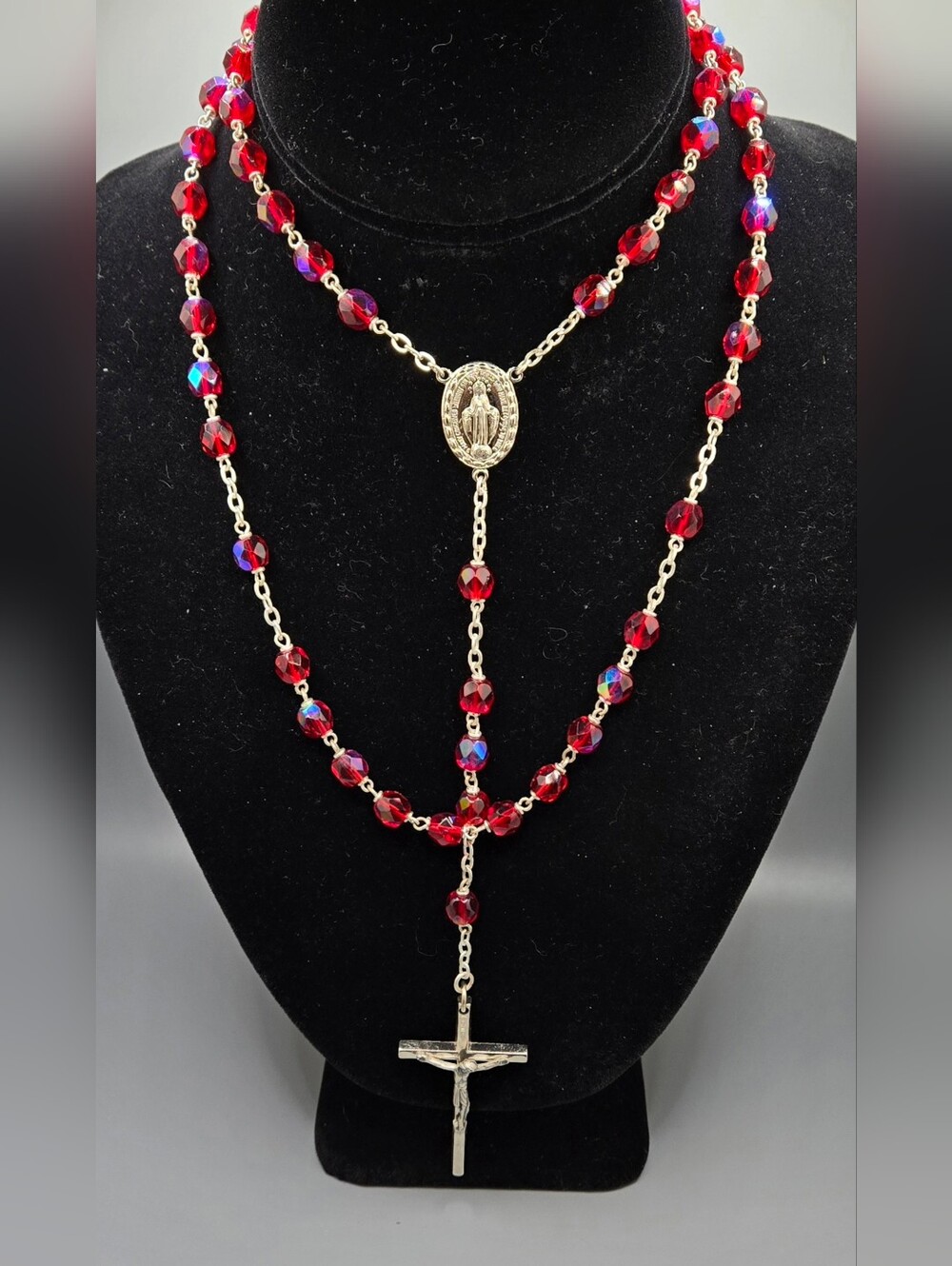 Rosary w/ Red Faceted AB Crystals 5-Decade Italy Prayers EUC Beauty!